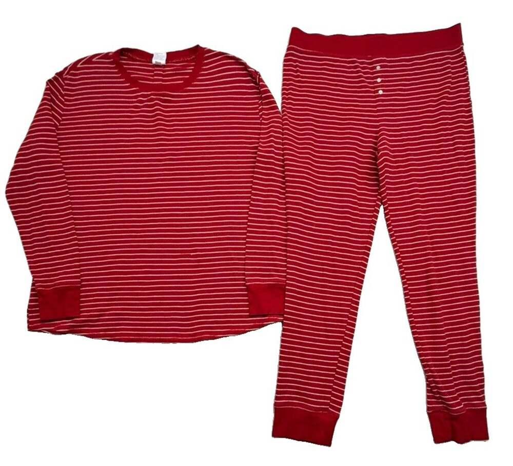 Stars Above Womens Pajama Set Large Red White Striped Knit Long Sleeve Button